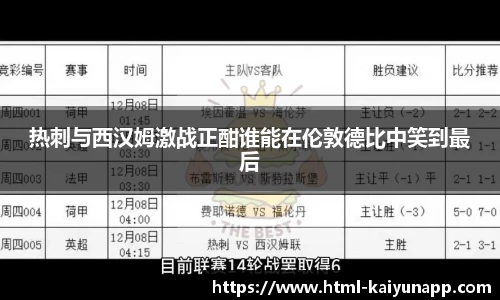 热刺与西汉姆激战正酣谁能在伦敦德比中笑到最后